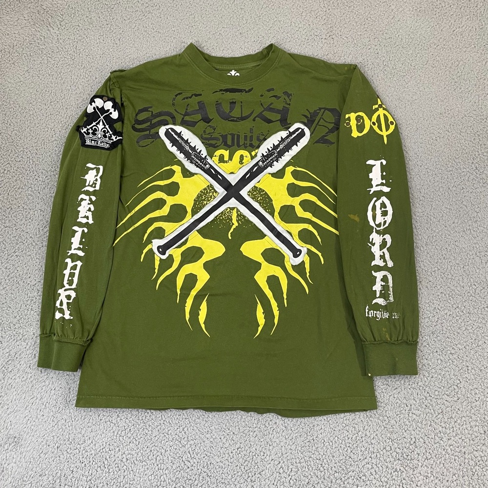 Blac Label Shirt Men XL Green Skulls Grunge Skater Y2K Goth Long Sleeve